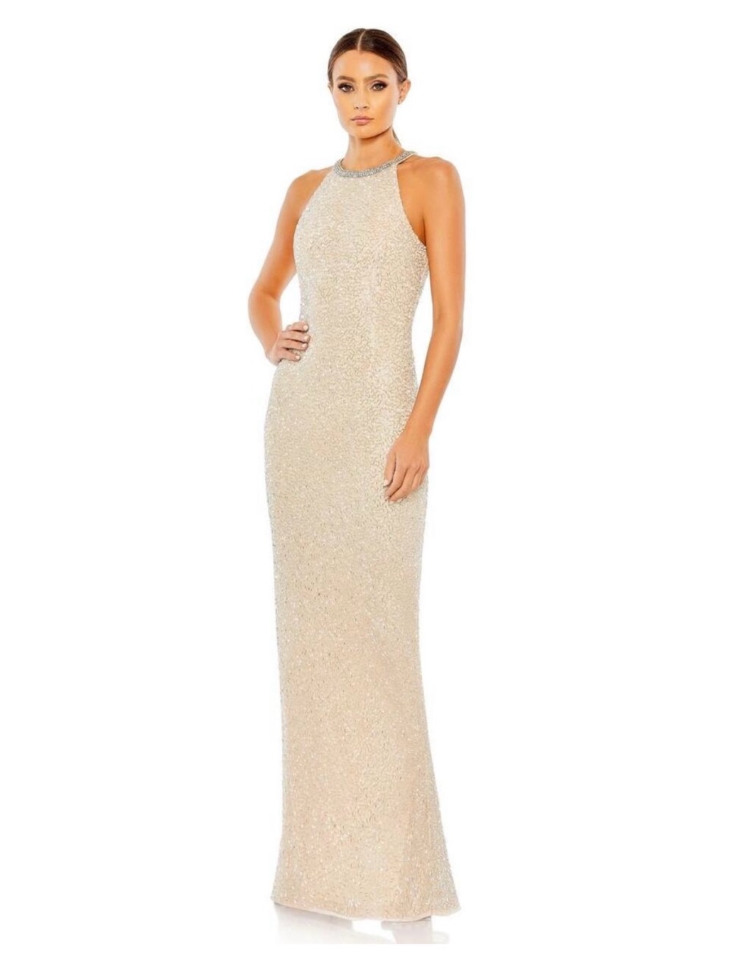 Mac Duggal Champagne Beaded Halter Maxi Gown
